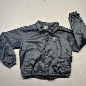 Champion Script Womens Med Cropped Wind Breaker Jacket Black Snap Double Sided